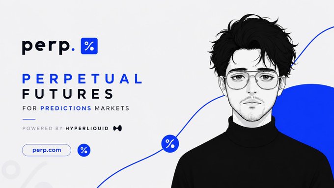A stylized illustration features a young man in a black turtleneck and wire-frame glasses beside the text "PERP." logo, "PERPETUAL FUTURES FOR PREDICTIONS MARKETS," and "POWERED BY HYPERLIQUID," promoting perp.com. The image visually reinforces the post's thesis by branding this evolution of prediction markets as a perpetuals-powered trading product built on Hyperliquid infrastructure.