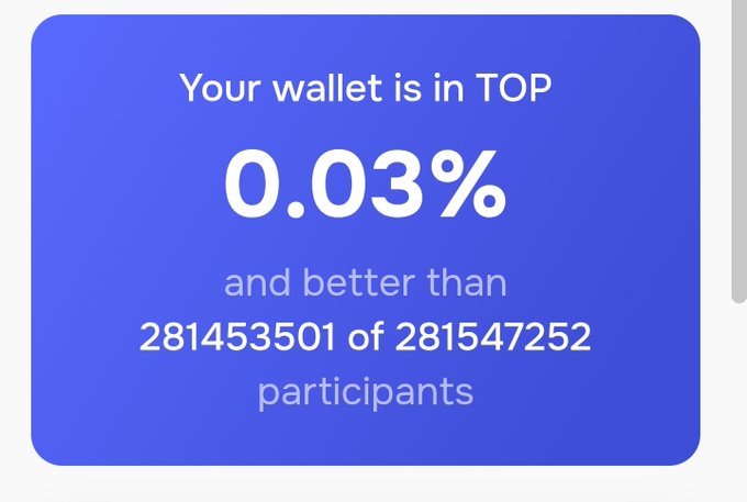 The image shows a blue square with white text that reads "Your wallet is in TOP". Below this, there's a table displaying information about the token, including its value of 0.03 and the number of participants who have contributed to it. The text also mentions that the token has been used for participation in a contest or competition.
