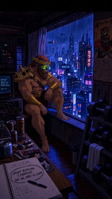 A cyberpunk-style digital illustration showing a muscular warrior with a glowing green eye sitting on a windowsill overlooking a futuristic neon-lit city, with a notebook in the foreground listing "MINT BITCOIN CYBORGS IDK ON ORDJ-X.COM" alongside Japanese text on posters.