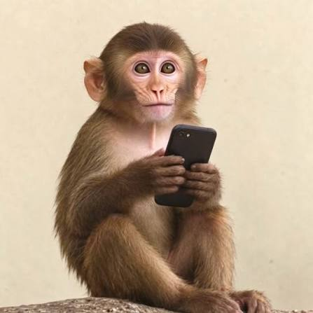A young monkey sits holding a black smartphone, looking at the screen.
