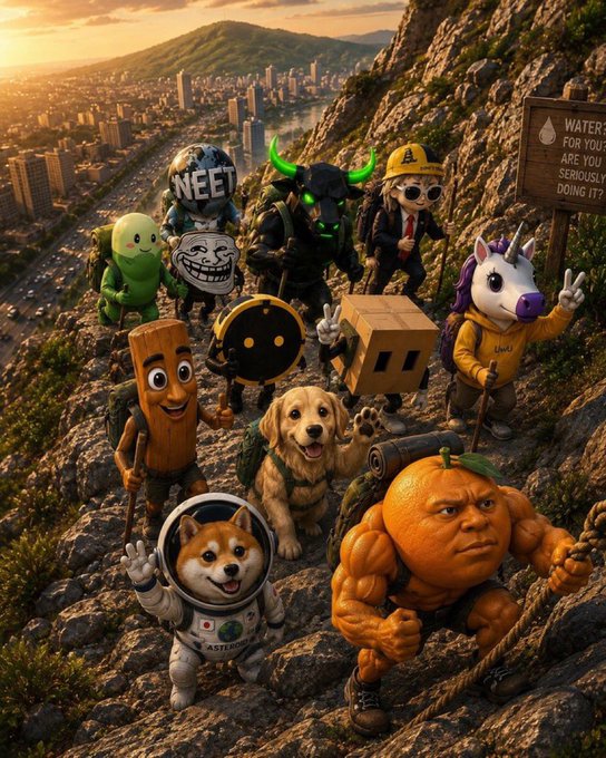 A group of iconic internet memes—including Trollface, Doge, Wojak, Shiba Inu, and a muscular orange—hike up a rocky mountain with backpacks, with a city below and a sign reading "WATER IS FOR YOU, ARE YOU SERIOUSLY DOING IT?" visible behind them. The image humorously visualizes the post's message "Memes are built on Solana" by depicting these beloved meme characters as determined climbers ascending the blockchain, symbolizing how Solana is the foundation carrying meme culture upward.