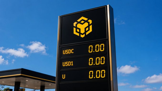 A digital gas station price sign styled like a BNB Chain billboard displays "USDC 0.00, USD1 0.00, U 0.00" against a blue sky, cleverly promoting BNB Chain's zero-fee promotion for transactions using those stablecoins through August 31.