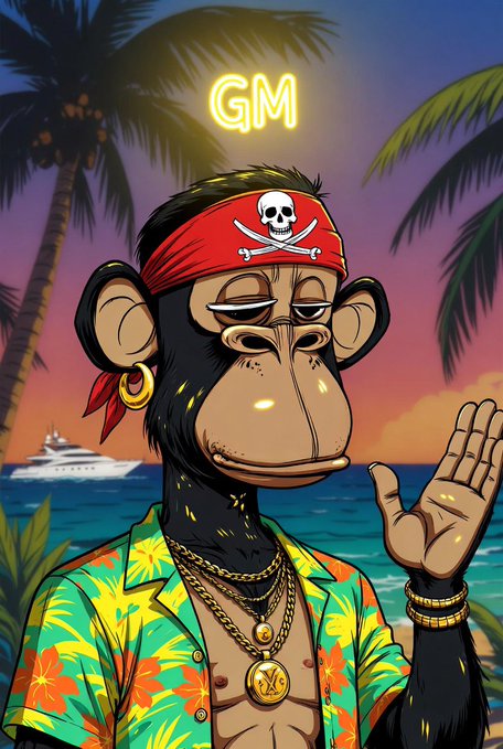 The image features a cartoon monkey wearing a red bandana, gold earrings, and a gold necklace with a large "M" pendant. The monkey appears to be waving at the camera while standing near palm trees. The caption of the image reads "gm still here building learning and surviving the web3 timeline @TermMaxFi x @EVEDEX x @wallchain". This suggests that the monkey is part of an online community or platform related to cryptocurrency, possibly discussing or promoting the use of digital assets for various purposes.