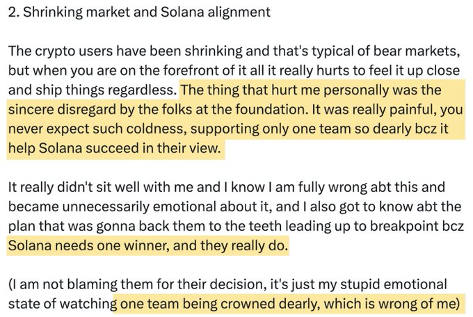 The image displays a highlighted excerpt from a FlashTrade founder's statement titled "Shrinking market and Solana alignment," where he expresses pain over the Solana Foundation's perceived favoritism toward one team supporting Solana's success, acknowledges his emotional reaction was wrong, and notes that "Solana needs one winner."