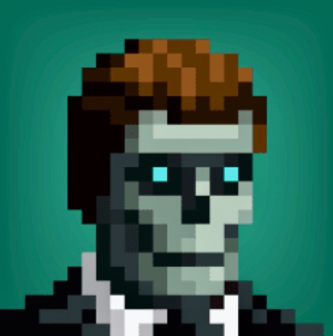 A pixel art portrait of an undead character with glowing cyan eyes, gray skin, and brown hair against a teal background. The image serves as a profile picture for the user @GenuinelyUndead, whose four-year anniversary is being celebrated.