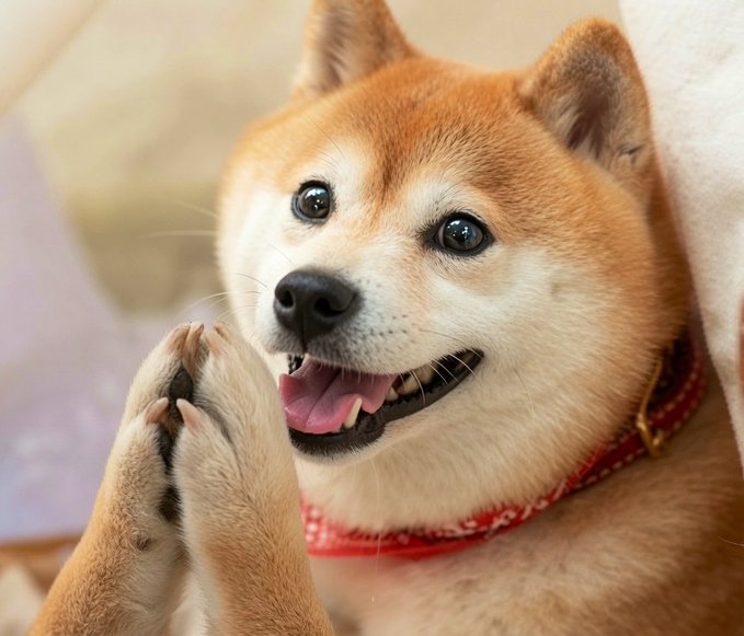 The image features a brown dog with white paws and ears, sitting next to a person wearing a red shirt. The dog appears to be happy and content as it looks at the camera while giving two thumbs up. The background of the photo is blurred, but there are some text elements that read "Hello everyone Checking in on the crypto community and sending massive love to my $DOGE family I know the market has been tough, testing our faith, patience, and peace of mind". This suggests a connection between the dog's happiness and the positive energy being shared by the person taking the photo.