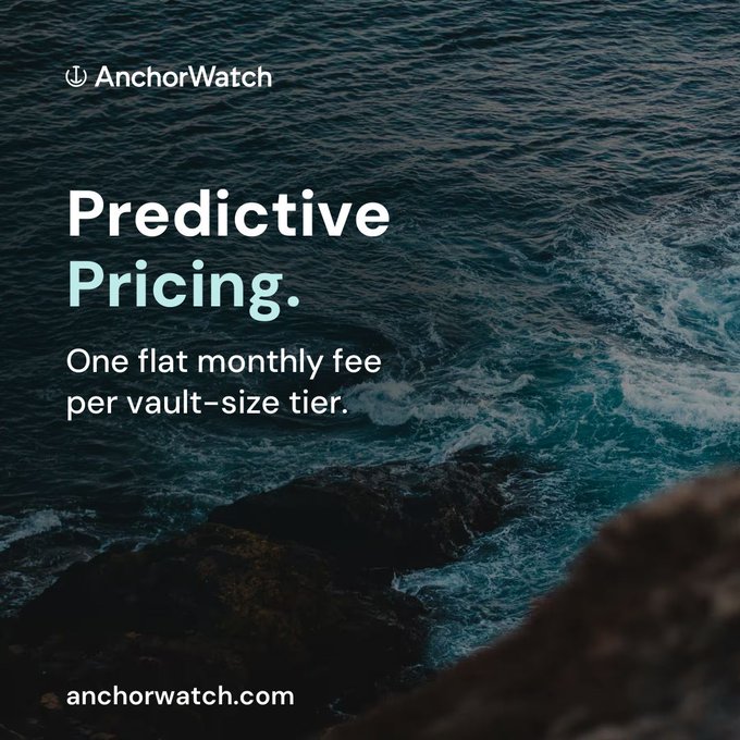 An advertisement for AnchorWatch featuring the text "Predictive Pricing. One flat monthly fee per vault-size tier." alongside the URL "anchorwatch.com," set against a background image of dark ocean waves crashing against rocks.
