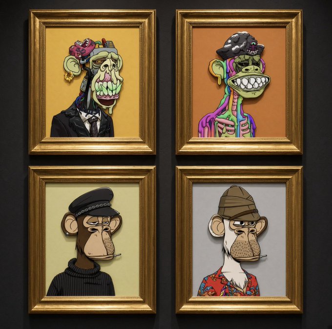 Four ornately framed cartoon portraits hang in a 2x2 arrangement against a dark wall, featuring two zombie-like grotesque figures with exaggerated teeth on top and two smug-looking Bored Ape Yacht Club characters below—one in a black turtleneck and beret smoking a cigar, the other in a brown beanie with a Hawaiian shirt. The image showcases a collection of NFT "grails," with the Bored Ape portraits emphasizing the subscriber's prized digital collectibles while contrasting against the more monstrous figures in the upper frames.