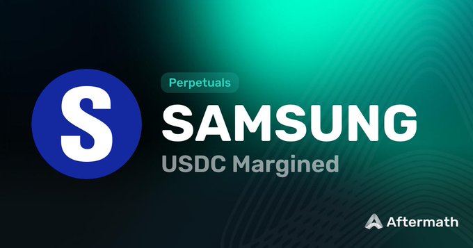 A graphic displays a large blue circle with a white 'S' next to the text 'SAMSUNG USDC Margined' under a 'Perpetuals' tag, with the 'Aftermath' logo in the bottom right corner against a dark teal background.