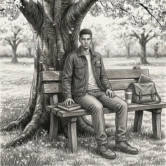 Black and white pencil drawing of a young man sitting on a park bench beneath a large tree, with a book, coffee cup, and messenger bag beside him.