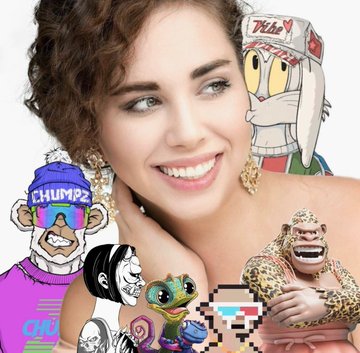 A photo of a smiling woman with curly hair, surrounded by several NFT-style cartoon character avatars including chimpz and pixel art figures.