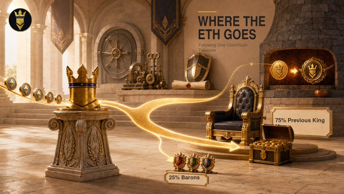 A medieval throne room illustration titled "WHERE THE ETH GOES" visualizes ClaimRush's takeover economics, showing a golden crown on a pedestal with flow lines directing rewards to an empty throne labeled "75% Previous King" and a treasure chest marked "25% Barons," referencing how 75% of proceeds go to the prior king and 25% to veCLAIM holders.