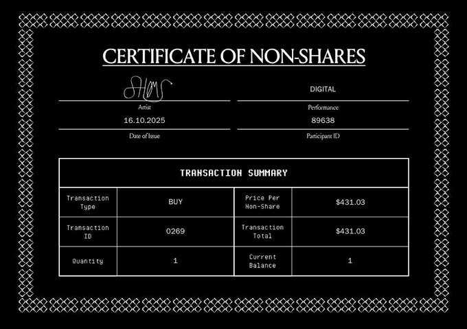 A 'CERTIFICATE OF NON-SHARES' issued on '16.10.2025' (Date of Issue) to 'Amie' with Participant ID '89638' and Performance type 'DIGITAL', detailing a BUY transaction for 1 unit at $431.03.