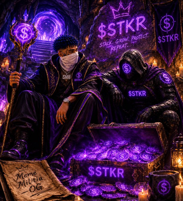 A hooded figure and a masked companion sit in a mystical, candle-lit cave surrounded by glowing purple coins and an open treasure chest emblazoned with "$STKR," while banners and graffiti on the walls repeat the ticker alongside the motto "STACK. GROW. PROTECT. REPEAT." A parchment labeled "Meme Militia — OG" rests in the foreground, reinforcing the post's theme of standing guard over the $STKR mission where "magic meets vision."