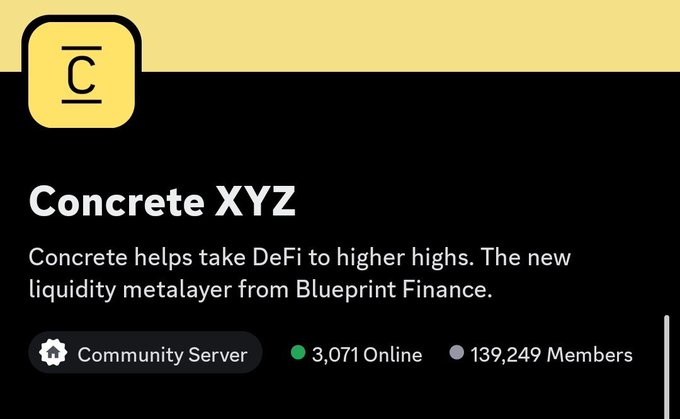 Discord server card for 'Concrete XYZ' described as a 'new liquidity metalayer from Blueprint Finance' with 3,071 online and 139,249 members.
