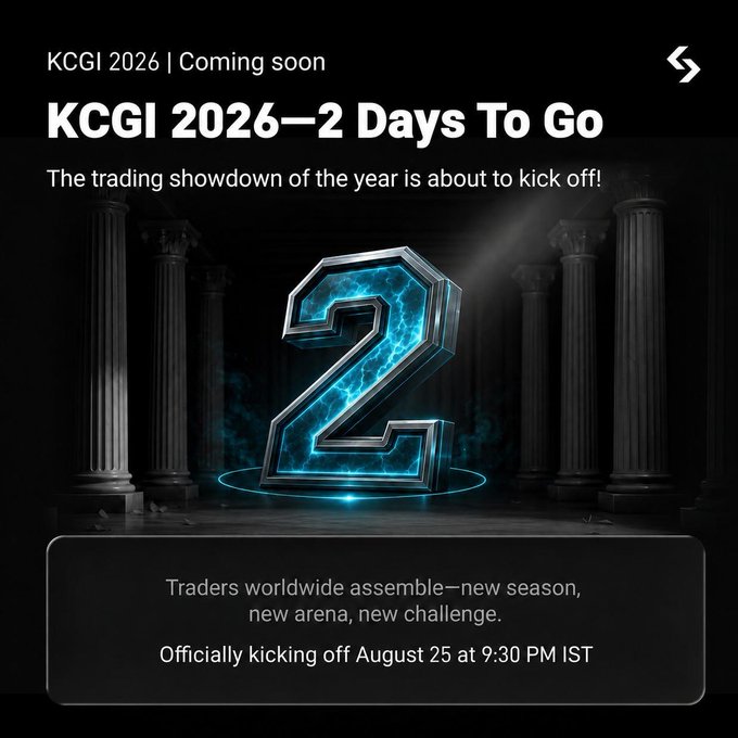 A promotional graphic for 'KCGI 2026—2 Days To Go,' featuring a large glowing blue '2' and announcing the trading competition kicks off August 25 at 9:30 PM IST.