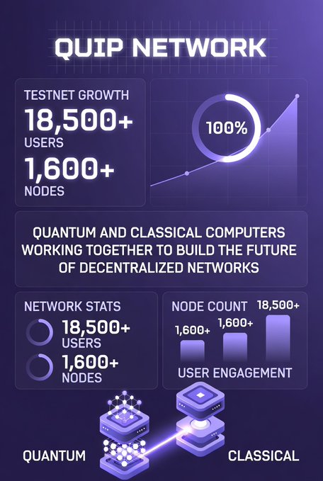 A purple-themed infographic for 'QUIP NETWORK' showing testnet growth of 18,500+ users and 1,600+ nodes, with statistics on quantum and classical computers working together for decentralized networks.