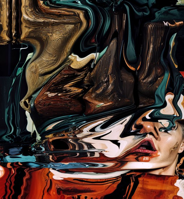 The image features a woman's face with her mouth open, surrounded by an abstract painting that appears to be a mix of blue, green, red, and black colors. The artwork has a chaotic and distorted appearance, giving it a surreal feel. The caption "og artwork, relax and enjoy (2025, objkt)" suggests that the image is meant to evoke a sense of relaxation or enjoyment in the viewer, as if they are looking at an unconventional piece of art rather than a traditional portrait.