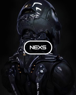 A dark, futuristic robotic figure in black armor with the word 'NEXS' displayed in a white box overlay.