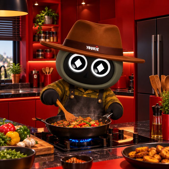 A black cartoonish robot character wearing a brown hat that says 'YOUKIE' and a camouflage jacket cooks food in a frying pan in a modern red kitchen.