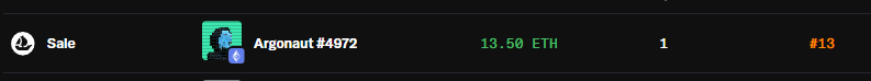 Screenshot of an NFT sale listing showing Argonaut #4972 sold for 13.50 ETH, item #13.