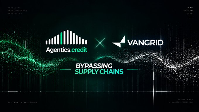 A promotional graphic features the logos "Agentics.credit" and "VANGRID" with the tagline "BYPASSING SUPPLY CHAINS" over a dark background with glowing green particle waves.