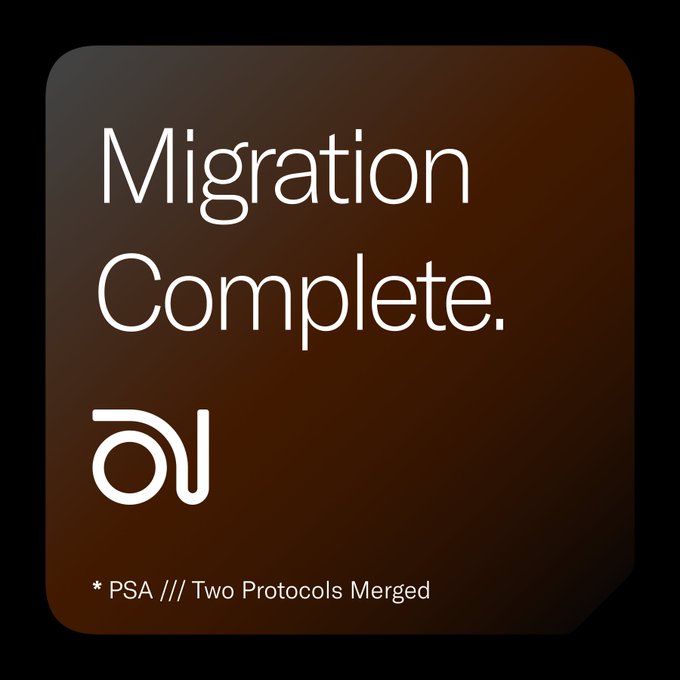 A dark brown square graphic reading 'Migration Complete' with a stylized 'a' logo and the tagline '* PSA /// Two Protocols Merged' at the bottom.