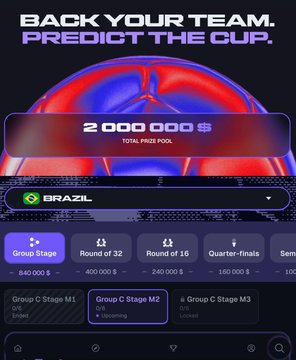 The image shows a soccer game with a large ball, and the text "Back your team, predict the cup." The background of the image is black, making the colorful ball stand out prominently. There are two updates available for this game on the app store, one being a new update that allows players to enter their predictions into the pool. This feature encourages users to engage with the game and make informed guesses about the outcome based on the current state of play. The image also includes text that reads "Group C Stage M2" and "Group C Stage M3," which are likely to be the stages where teams will compete against each other in a soccer match.