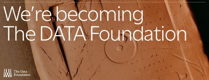 The image displays a banner with the text "We're becoming The DATA Foundation" overlaid on a textured orange/clay background, featuring The Data Foundation logo in the bottom left corner. The banner supports the post's announcement of Story Protocol's rebrand to The DATA Foundation, signaling their transition from $IP to $DATA and their expansion into a data infrastructure for the AI era.