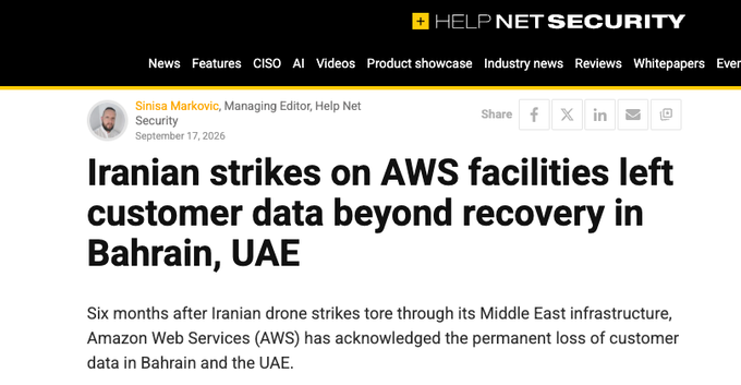 The image shows a Help Net Security article by Sinisa Markovic dated September 17, 2026, headlined "Iranian strikes on AWS facilities left customer data beyond recovery in Bahrain, UAE," which reports that six months after drone strikes damaged Amazon Web Services' Middle East infrastructure, customer data was permanently lost. The article underscores the dangers of centralized cloud storage, reinforcing the post's call for "Decentralization!" as a way to prevent single points of failure from causing catastrophic, irreversible data loss.