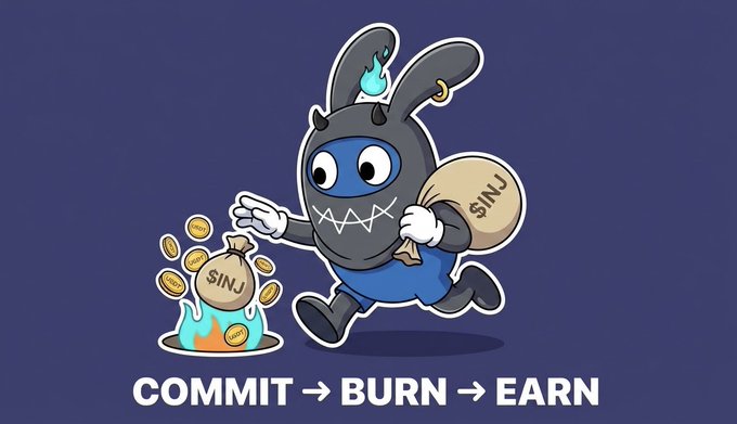 A cartoon ninja bunny runs with a bag labeled "$INJ" while another "$INJ" bag burns in flames beside it, with the text "COMMIT → BURN → EARN" below—illustrating the Injective-based token's burn-to-earn mechanism in a playful meme.