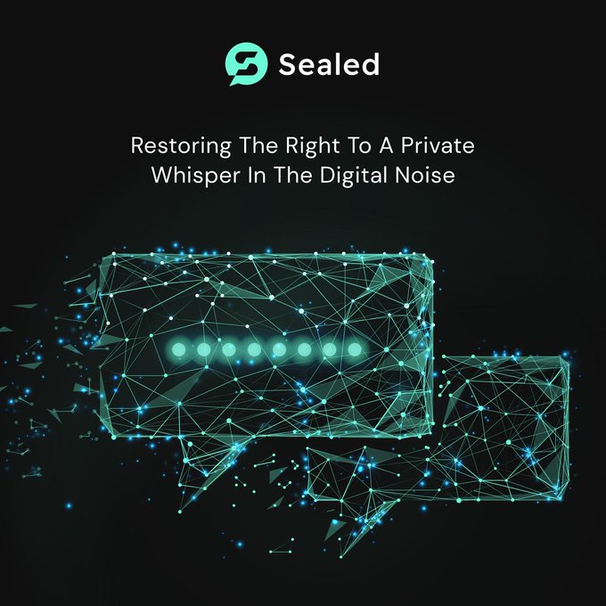 The image features a black background with a green digital message displayed on it, which reads "sealed - Restoring The Right To A Private Whisper In The Digital Noise". This text appears at the bottom of an image featuring two squares connected by lines. The top square is white and blue, while the bottom one is also white and blue but has an added element: a speaker that appears to be a part of a larger interactive digital object or machine.