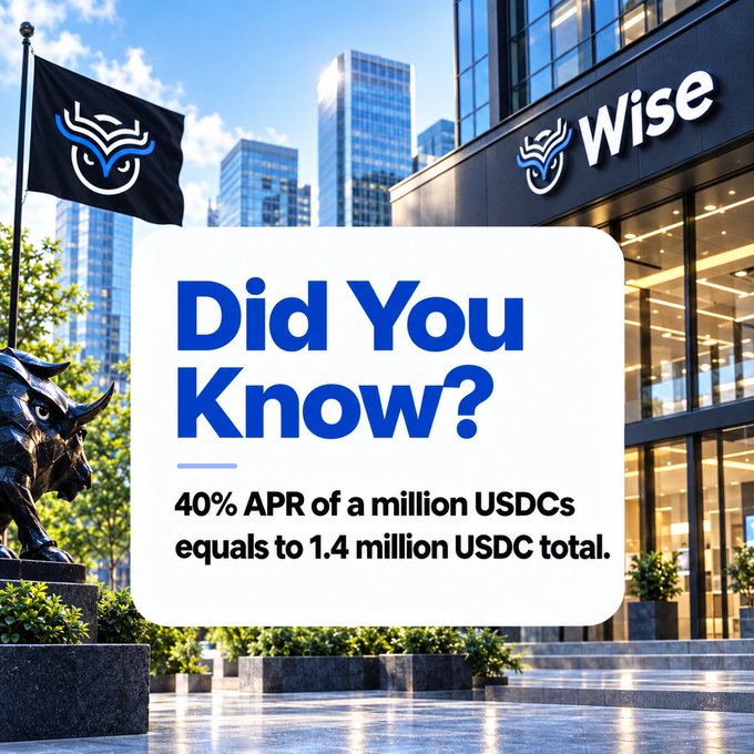 A promotional graphic featuring the 'Wise' logo and bull statue, with a message stating 'Did You Know? 40% APR of a million USDCs equals to 1.4 million USDC total.'