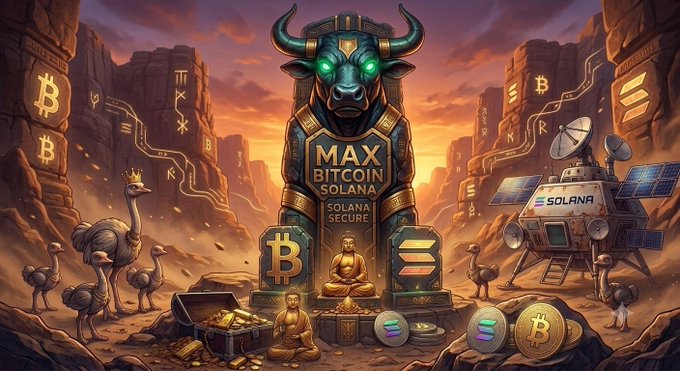 A digital artwork depicting a futuristic scene with a glowing-horned bull statue labeled 'MAX BITCOIN SOLANA SECURE', a Buddha figure, an ostrich with a crown, Bitcoin symbols, and a Solana-branded lunar lander.