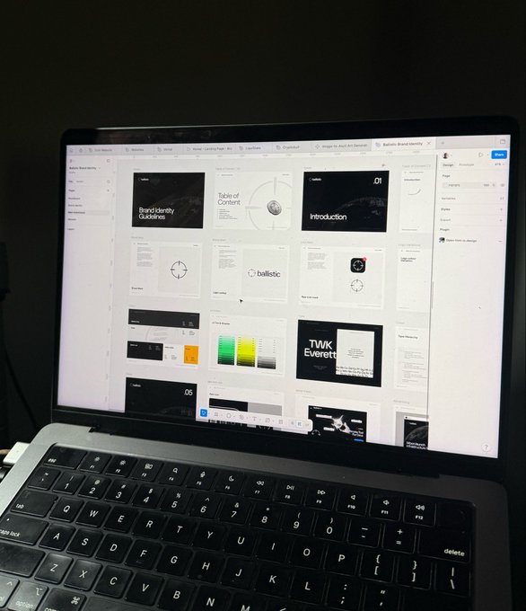 The image shows a laptop screen displaying various designs, including logos for different companies such as @studio0x, @pepecoineth, and others. The laptop's keyboard is visible underneath the screen, suggesting that someone might be working on a design project or editing images using the software installed on the device.