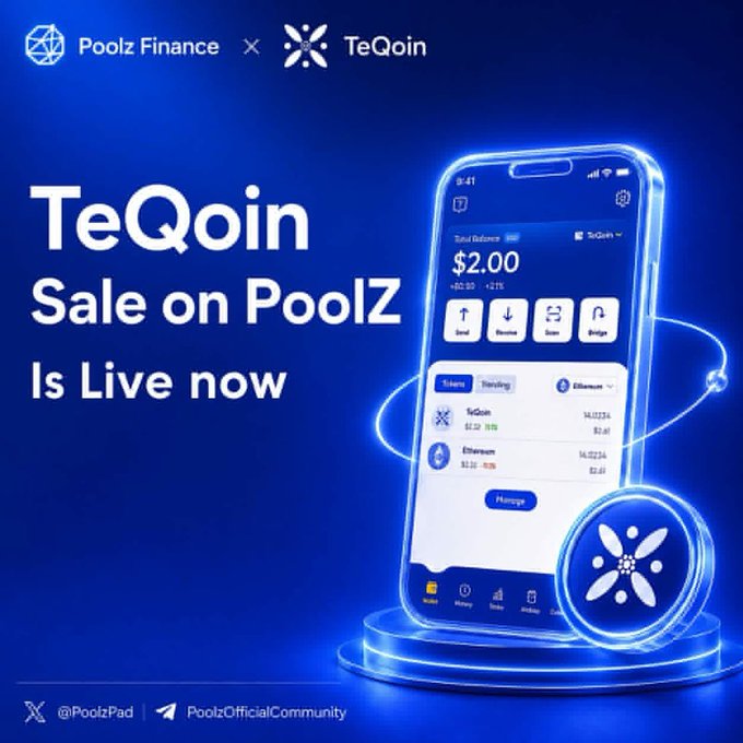 A promotional graphic announcing "TeQoin Sale on PoolZ Is Live now," featuring a partnership logo of Poolz Finance and TeQoin at the top, alongside a mockup of the TeQoin mobile app displaying a wallet balance of $2.00 and trending tokens like TeQoin and Ethereum, with social handles @PoolzPad and PoolzOfficialCommunity at the bottom.