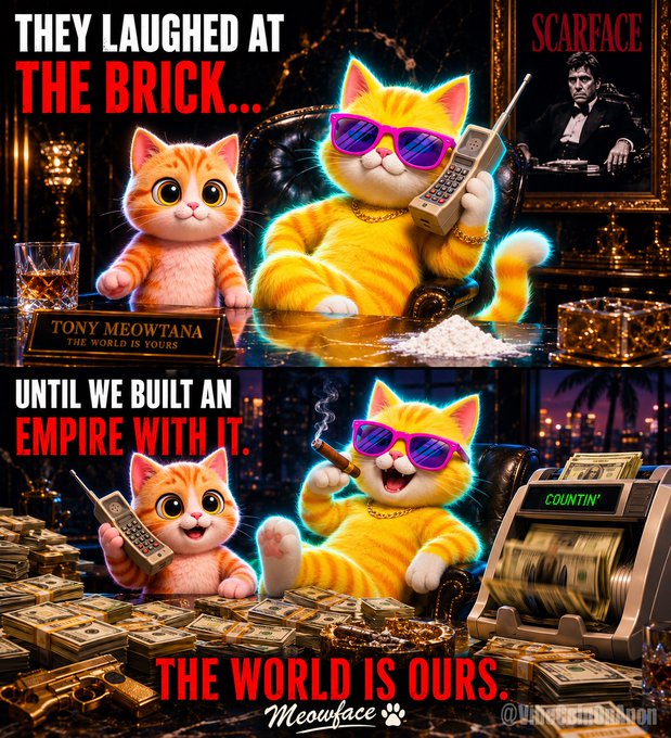 The image features a poster or advertisement for a movie called "The World Is Our" that includes three cartoon cats wearing sunglasses, sitting around a table with stacks of money. The text above the cats reads "They Laughed at the brick... much ridicule... BUT THEN!! we built the empire with it such stack... very moon... wow the world is ours now much success". This message highlights the humorous and lighthearted nature of the movie's theme, which revolves around the idea that even though people may laugh at a brick or an unconventional concept, they can still build something great from it. The cats in the image symbolize this message by sitting together on a table with stacks of money, representing the idea that collaboration and creativity can lead to success despite initial setbacks or negative opinions.