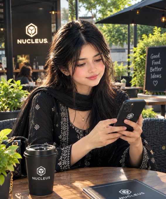 A young woman in a black embroidered outfit looks at her smartphone at an outdoor café, with 'NUCLEUS' branding visible on a cup and background signage.