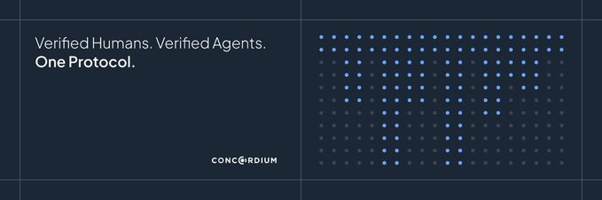 Concordium promotional graphic featuring the tagline "Verified Humans. Verified Agents. One Protocol." alongside a grid of blue dots, tied to the company's announcement of joining Coinbase's x402 Foundation alongside Amazon, Google, Solana, and Cardano.