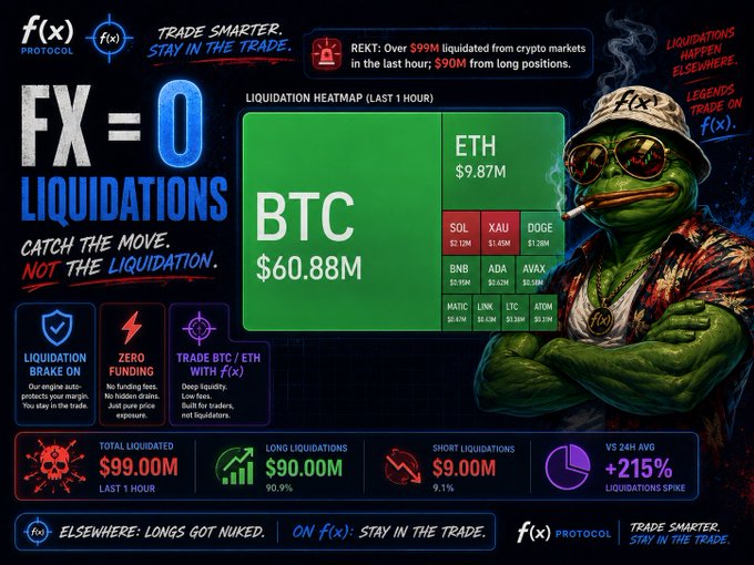 An f(x) Protocol promotional graphic highlights zero liquidations on its platform amid a broader market crash that saw $99M liquidated, including $60.88M in BTC, $9.87M in ETH, and $90M in long positions (90.9%), with a +215% spike versus the 24-hour average. The image reinforces the post's claim by contrasting "FX = 0 LIQUIDATIONS" against red liquidation heatmap data and featuring a Pepe mascot smoking a cigar with the tagline "ELSEWHERE: LONGS GOT NUKED. ON f(x): STAY IN THE TRADE."