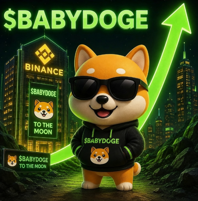 This image shows a cartoon Shiba Inu wearing sunglasses and a hoodie with "$BABYDOGE" on it, standing in front of a Binance building. A bright green arrow indicating upward growth points from the building, visually reinforcing the post's message to buy $BABYDOGE on Binance.