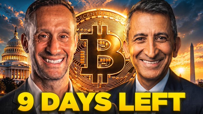 A YouTube thumbnail featuring two men (likely Faryar Shirzad and another Coinbase executive) alongside a Bitcoin logo, the U.S. Capitol, and the Washington Monument, with bold yellow text reading "9 DAYS LEFT" promoting a discussion on crypto's growing influence in Washington.