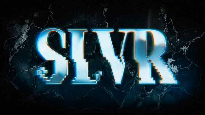 A glitch-effect graphic displaying the letters 'SLVR' in glowing blue chrome text on a dark marble-textured background.
