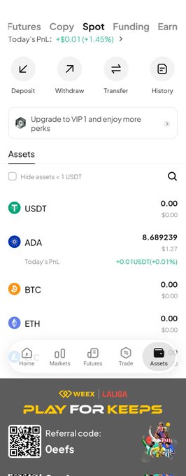 A cryptocurrency exchange app screenshot showing the Spot wallet with assets including USDT (0.00), ADA (8.689239, +1.27), BTC (0.00), and ETH (0.00), along with a WEEX referral banner reading 'PLAY FOR KEEPS' with code 'Oeefs'.