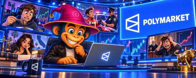 A colorful digital illustration features a cartoon monkey wearing a wizard hat at a laptop, surrounded by scenes including a trader with binoculars, a police officer, and anxious people watching charts, with a prominent 'POLYMARKET' logo displayed on a large blue screen.