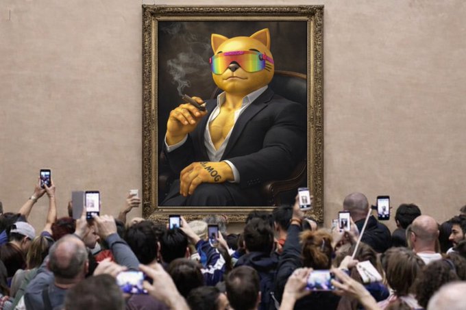 An illustration of a crowd taking photos with their phones in front of a large framed portrait of an anthropomorphic Shiba Inu dog wearing a suit, sunglasses, and smoking a cigar, with 'SMOC' tattooed on its paw.