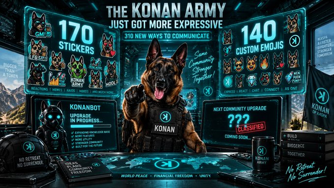 Promotional graphic titled 'THE KONAN ARMY JUST GOT MORE EXPRESSIVE' featuring a German Shepherd dog in tactical gear, advertising '170 STICKERS' and '140 CUSTOM EMOJIS' with slogans like 'WORLD PEACE - FINANCIAL FREEDOM - UNITY' and 'NO RETREAT, NO SURRENDER'.