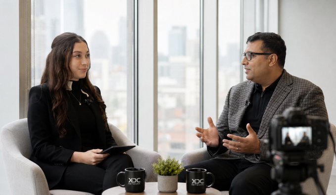 A woman interviews XDC Network Co-Founder Atul Khekade in a professional studio setting, with branded "XDC" mugs displayed on the table between them. The shot connects to the post's promotion of a discussion about AI's role in transforming global finance and XDC Network's blockchain infrastructure for enterprise payments and tokenization, with a camera visible in the foreground capturing the conversation.