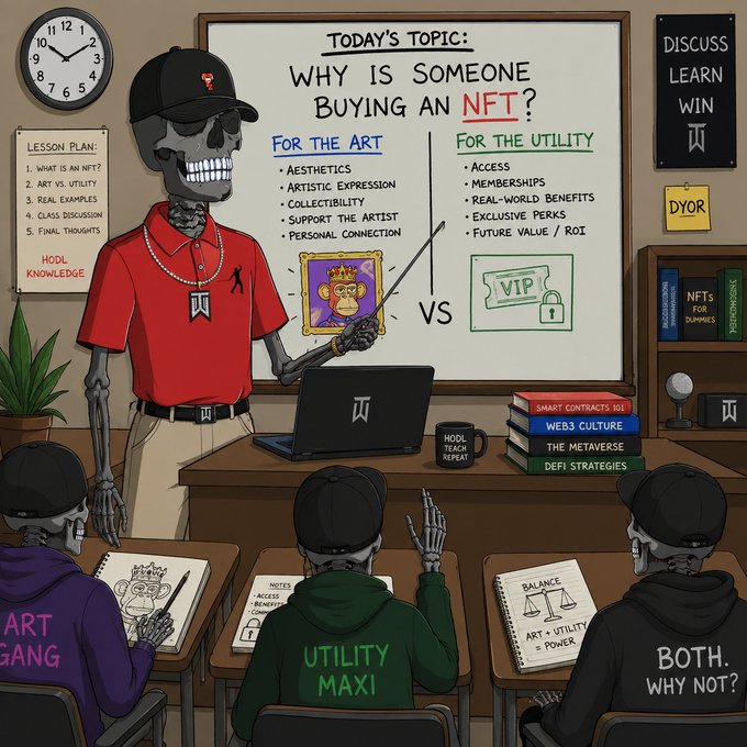 An illustrated classroom scene features a skeleton teacher in a red polo shirt and black cap presenting at a whiteboard titled 'TODAY'S TOPIC: WHY IS SOMEONE BUYING AN NFT?', comparing 'FOR THE ART' (aesthetics, collectibility) vs 'FOR THE UTILITY' (access, perks), with skeleton students labeled 'ART GANG', 'UTILITY MAXI', and 'BOTH. WHY NOT?'.