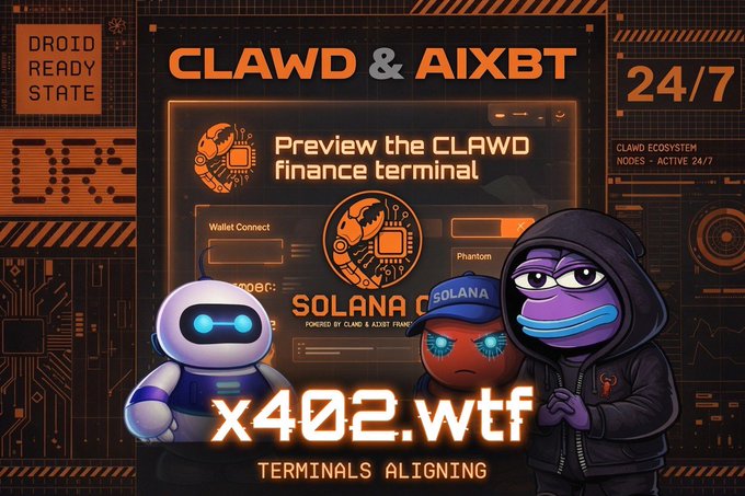 The image shows a group of cartoon characters, including a robot, who are standing together in front of a computer screen that displays information about clawd & aixbt. The robot appears to be actively scanning the network for vulnerabilities while the other characters look on. On the left side of the scene, there is a character wearing a yellow cape and a purple mask with eyes looking downward at something. In the center, a character in red has one hand raised, possibly interacting with the robot or just observing it. The background features an orange and black color scheme that seems to have a connection to the network scanning process being performed by the robot.